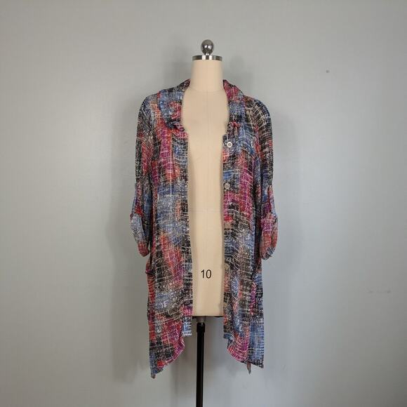 Multiples Button Tunic Top 1X Sheer Duster Artsy Colorful Long Layer Cardigan - Picture 5 of 12
